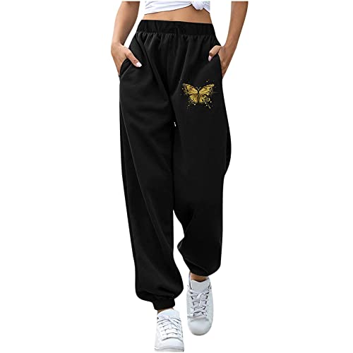 Jogginghose Damen Sporthose mit Schmetterlings Motiv Fitnesshose mit elastischer Taille Weite Hose mit weitem Bein Freizeithose mit Kordelzug Wanderhose Trainingshose Outdoorhose Trainingsanzug von Masrin