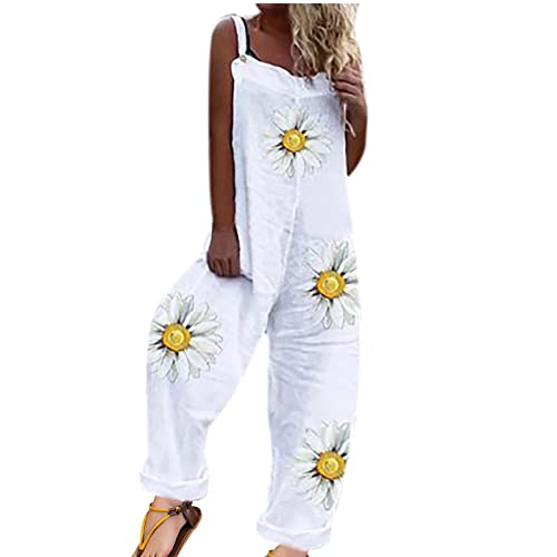 Jumpsuits Damen Sommer Latzhose Lang Oversize Arbeitshose Cargohose Daisy Druck Einteiler Overall Breite Bein Bib Pants mit großer Tasche Ärmellos Jumper Spielanzug Onesie Strampler Streetwear von Masrin