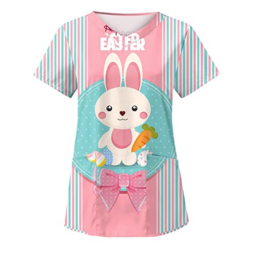 Kasacks Damen Pflege T-Shirt Frohe Ostern Bluse Ostereier Osterhase Grafik Tshirt Arbeitskleidung Sommer V-Ausschnitt Kurzärmlige Tops Kaninchen Loose Fit Still Tunika Happy Easter Day von Masrin