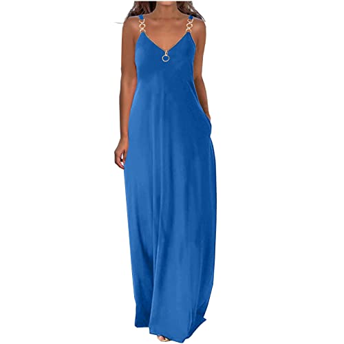 Kleider Damen Sommerkleid Lang Lässiges Einfarbig Maxikleid Ärmellos V-Ausschnitt Trägerkleid Boho Urlaubskleid Große Größen Lose Kleid Partykleid S-5XL Locker Freizeitkleid mit Reißverschluss von Masrin