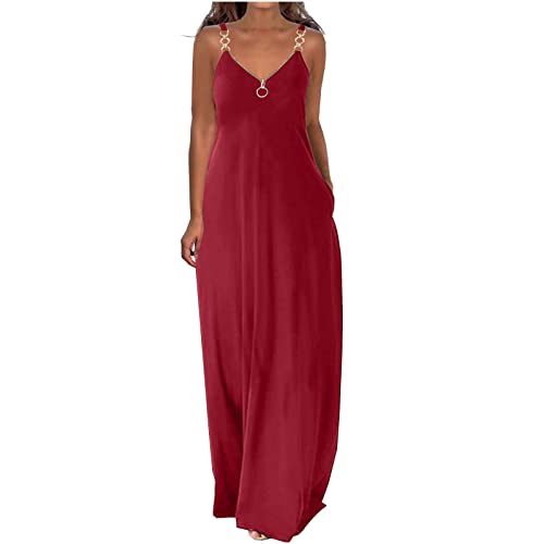 Kleider Damen Sommerkleid Lang Lässiges Einfarbig Maxikleid Ärmellos V-Ausschnitt Trägerkleid Boho Urlaubskleid Große Größen Lose Kleid Partykleid S-5XL Locker Freizeitkleid mit Reißverschluss von Masrin