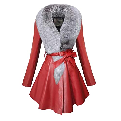 Kunstleder Mantel Damen Bluse mit abnehmbarem Fellkragen und Patchwork Einfarbige PU Lederjacke Mantel Knopflose Strickjacke mit Gürtel Winterjacke Übergangsjacke Wintermantel von Masrin