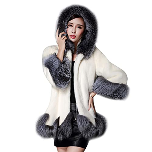 Kunstpelz Mantel Damen Flauschige Plüsch-Oberbekleidung Warme Winterjacke mit Kapuze Mantel mit Kontrastnähten Cardigan mit Thermo-Cape von Masrin