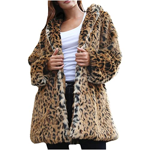 Kunstpelzmantel Damen Warme Plüsch Winterjacke Mittellanger Trenchcoat mit Leoparden Print Langärmliger Fleece Mantel mit Umlegekragen Cardigan Bluse mit offenem Reißverschluss Übergangsjacke von Masrin