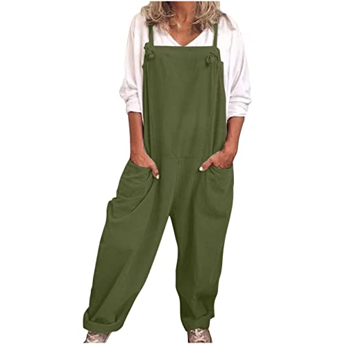 Latzhose Damen Sommer Lang Baumwoll Leinen Jumpsuit Oversize Cargohose Arbeitshose Einfarbig Einteiler Overall Ärmellos Breite Bein Bib Hose mit Tasche Spielanzug StrampelhöSchen Hosenanzug von Masrin