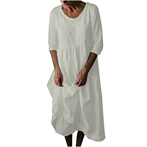 Leinenkleid Damen Retro einfarbiges Maxikleid Rundhals-Skaterkleid mit halben Ärmeln Empire-Taillen-Patchwork-Swing-Kleid mit Taschen Übergröße Lockeres knöchellanges langes Kleid Sommerkleid Leinenkleid Damen Retro einfarbiges Maxikleid Rundhals-Skaterkleid mit halben Ärmeln Empire-Taillen-Patchwork-Swing-Kleid mit Taschen Übergröße Lockeres knöchellanges langes Kleid Sommerkleid von Masrin