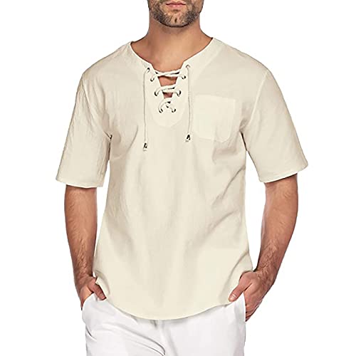Männer T-Shirt Frühling Sommer einfarbige Baumwolle und Leinen Tops Mode Kurzarm Kordelzug V-Ausschnitt lose Pullover Bluse mit Tasche (XXL,Beige) von Masrin