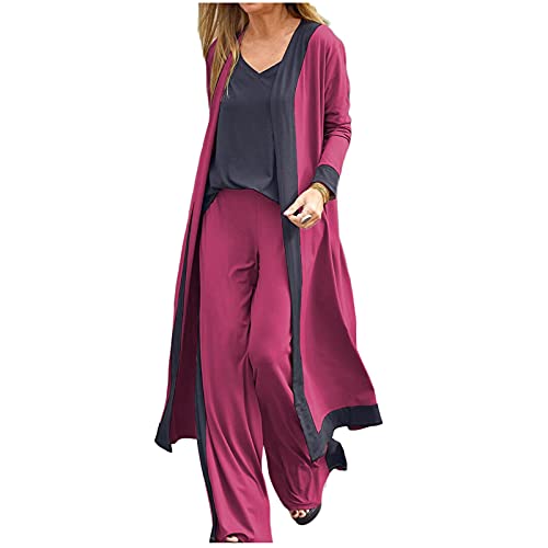 Masrin 3 teiliges Set für Damen Homewear Kontrastfarbenes Patchwork Pyjama Outfit Weiche Weste + Hose mit hohem Bund + Langarm Cardigan Bequemer Nachtwäscheanzug von Masrin