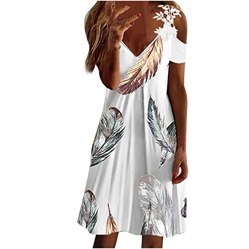 Masrin A Linie Kleid Damen Minikleid mit Spitze Riemen Schulterfreies Sommerkleid mit kurzen Ärmeln Lässiges Skaterkleid mit Federdruck Fließendes Swing Kleider Urlaub Strandkleid Knielanges Kleid von Masrin