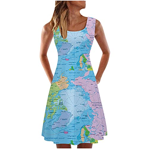 Masrin A-Linien-Kleid für Damen Skaterkleid mit Weltkarten-Print Ärmelloses Sommer-Trägerkleid mit O-Ausschnitt Knielanges Swingkleid Strandkleid für den Urlaub Tägliches Kleid Masrin A-Linien-Kleid für Damen Skaterkleid mit Weltkarten-Print Ärmelloses Sommer-Trägerkleid mit O-Ausschnitt Knielanges Swingkleid Strandkleid für den Urlaub Tägliches Kleid von Masrin