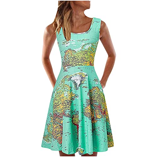 Masrin A-Linien-Kleid für Damen Skaterkleid mit Weltkarten-Print Ärmelloses Sommer-Trägerkleid mit O-Ausschnitt Knielanges Swingkleid Strandkleid für den Urlaub Tägliches Kleid Masrin A-Linien-Kleid für Damen Skaterkleid mit Weltkarten-Print Ärmelloses Sommer-Trägerkleid mit O-Ausschnitt Knielanges Swingkleid Strandkleid für den Urlaub Tägliches Kleid von Masrin