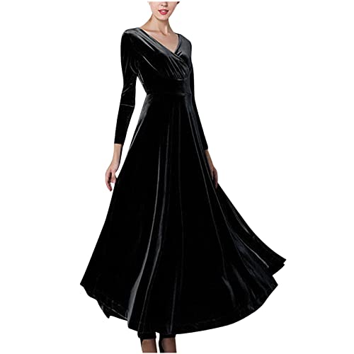 Masrin Abendkleid Damen Goldenem Samt Cocktailkleid Elegantes einfarbiges Partykleid V-Ausschnitt Langen Ärmeln A-Linien-Kleid Ballkleid mit Empire Taille Fließendes Swing Kleid Skaterkleid von Masrin