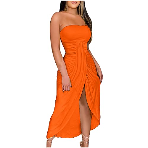 Masrin Bandeau Kleid Damen Kleider Sexy Einfarbig Wickelkleid Ärmelloses Trägerloses Schlauchkleid Enges Etuikleid Ballkleid mit hohem Schlitz Knöchellanges Clubkleid Partykleid Urlaub Strandkleid von Masrin