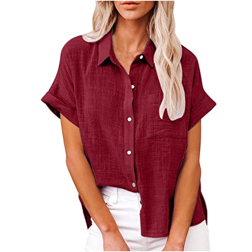 Masrin Bluse Damen Button Down Hemden Shirt aus Baumwoll Leinen Kurzarm Hemdbluse mit Revers Einfarbige Oberteile Urlaub Freizeithemd Tops Hemdbluse Blusenshirt Sommer Strandshirt S-5XL von Masrin