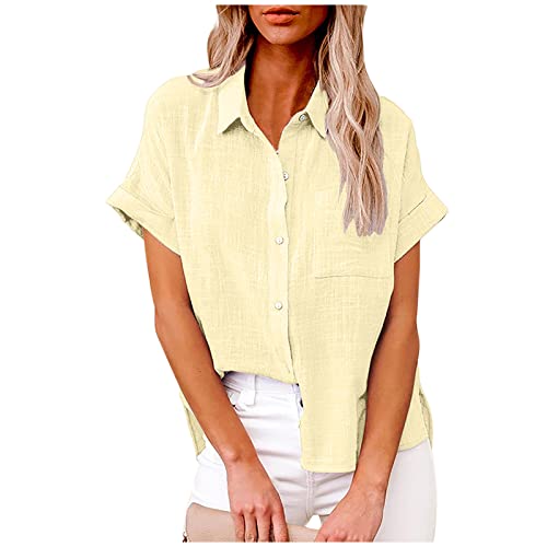 Masrin Bluse Damen Button Down Hemden Shirt aus Baumwoll Leinen Kurzarm Hemdbluse mit Revers Einfarbige Oberteile Urlaub Freizeithemd Tops Hemdbluse Blusenshirt Sommer Strandshirt S-5XL von Masrin