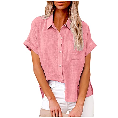 Masrin Bluse Damen Button Down Hemden Shirt aus Baumwoll Leinen Kurzarm Hemdbluse mit Revers Einfarbige Oberteile Urlaub Freizeithemd Tops Hemdbluse Blusenshirt Sommer Strandshirt S-5XL von Masrin