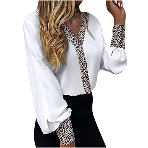 Masrin Bluse Damen Elegante lässige Oberteile mit Leoparden Nähten Pulli Tops mit V Ausschnitt und Laternenärmeln Frühling Herbst Langarmshirts Dünnes Sweatshirt Schmale Tunika Blusen von Masrin