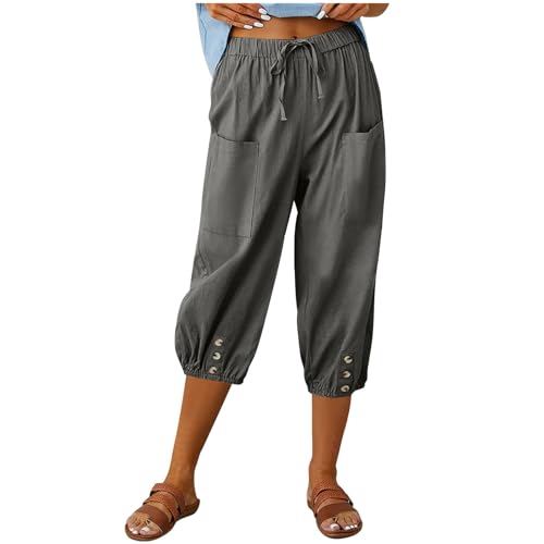 Masrin Caprihose Damen Sommer 3/4 Hose Leicht Leinenhose mit Taschen Einfarbige Chinohose Elastische Taillen Stoffhose Sommerhose Regular Fit Freizeithose Laufhose Strandhose Sporthose Arbeitshose von Masrin