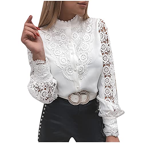 Masrin Damen Hemd Elegante, modische Patchwork-Tops mit ausgehöhlter Spitze Langärmlige Rollkragen Bluse mit Applikationen Weiße Partykleidung(M,Beige) von Masrin