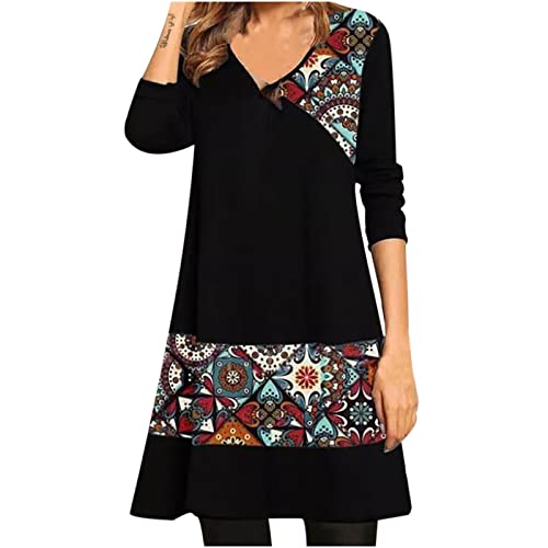 Masrin Damen Minikleid Modisches Skaterkleid mit Blumenmotiv Herbst Langarm Pullover Kleid Kleid in A-Linie mit O-Ausschnitt und Patchwork Party Kleid Strandkleid Masrin Damen Minikleid Modisches Skaterkleid mit Blumenmotiv Herbst Langarm Pullover Kleid Kleid in A-Linie mit O-Ausschnitt und Patchwork Party Kleid Strandkleid von Masrin