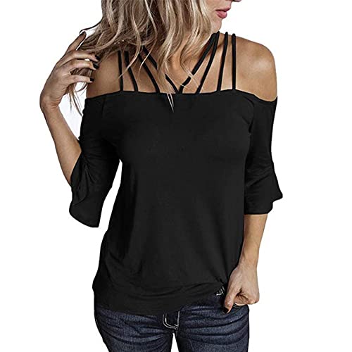 Masrin Damen Oberteile Lässige einfarbige schulterfreie Bluse Sexy Slash Neck Sling Tunika Cold Shoulder Pullover mit Dreiviertelärmeln T Shirt mit ausgestellten Ärmeln Bequeme Tees Masrin Damen Oberteile Lässige einfarbige schulterfreie Bluse Sexy Slash Neck Sling Tunika Cold Shoulder Pullover mit Dreiviertelärmeln T Shirt mit ausgestellten Ärmeln Bequeme Tees von Masrin