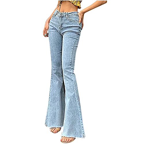 Masrin Damen Schlagjeans Einfarbige Burr Denim Hose Jeans mit hoher Taille Schmale Skinny Schlaghose Hüfthebende Jeanshose Freizeithosen Gerade Hosen Straßen Denim Laufsteghose von Masrin