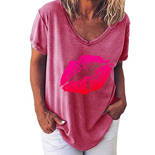 Masrin Damen Sommer Oberteile Vintage T-Shirt mit Lippen-Print Kurzärmlige, lockere Tunika-Bluse mit V-Ausschnitt(XL,Rosa) von Masrin