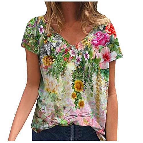 Masrin Damen T-Shirt Lässige Blumen Schmetterling Bedruckte Tops Plus Size Kurzarm T-Shirt Bluse mit tiefem V-Ausschnitt (S,Grün) von Masrin