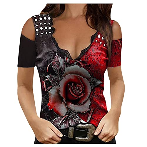 Masrin Damen T-Shirt Lässige Tops mit bunten Blumen und Schmetterlingen Butterfly Sommer Tiefer V-Ausschnitt Schulterfrei Kurzarm Tunika Schmale Hemdbluse Masrin Damen T-Shirt Lässige Tops mit bunten Blumen und Schmetterlingen Butterfly Sommer Tiefer V-Ausschnitt Schulterfrei Kurzarm Tunika Schmale Hemdbluse von Masrin