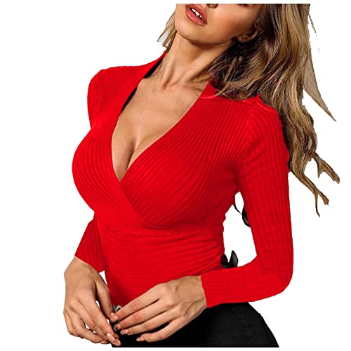 Masrin Damen Tops Einfarbig V-Ausschnitt Kreuz Langarm Faden Strick Slim Cropped T-Shirt Bluse Masrin Damen Tops Einfarbig V-Ausschnitt Kreuz Langarm Faden Strick Slim Cropped T-Shirt Bluse von Masrin