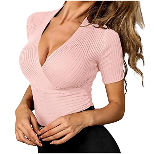 Masrin Damen Tops Einfarbig V-Ausschnitt Kreuz Langarm Faden Strick Slim Cropped T-Shirt Bluse Masrin Damen Tops Einfarbig V-Ausschnitt Kreuz Langarm Faden Strick Slim Cropped T-Shirt Bluse von Masrin