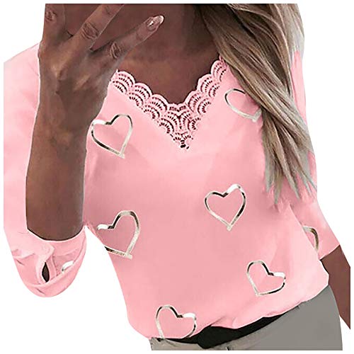 Masrin Damen Tops Mode Liebe Herz Bedrucktes T-Shirt V-Ausschnitt Spitze Patchwork Pullover Langarm Lose Bluse(L,Rosa) von Masrin