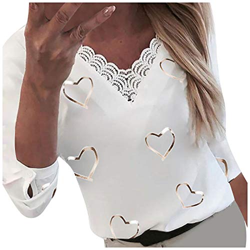 Masrin Damen Tops Mode Liebe Herz Bedrucktes T-Shirt V-Ausschnitt Spitze Patchwork Pullover Langarm Lose Bluse(XXL,Weiß) von Masrin