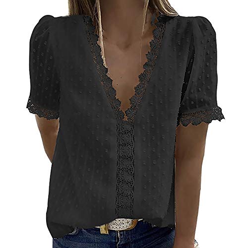 Masrin Damen Tops Mode Spitze Jacquard T-Shirt Tiefer V-Ausschnitt Blumenstickerei Patchwork Pullover Einfarbige Tunika Bluse (XL,Schwarz) von Masrin
