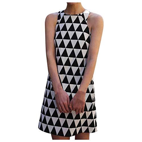 Masrin Damenkleid Mode Diamond Plaid Printing Minikleid Ärmelloses Rundhalsausschnitt Knielanges Kleid Etuikleid(XL,Schwarz) von Masrin