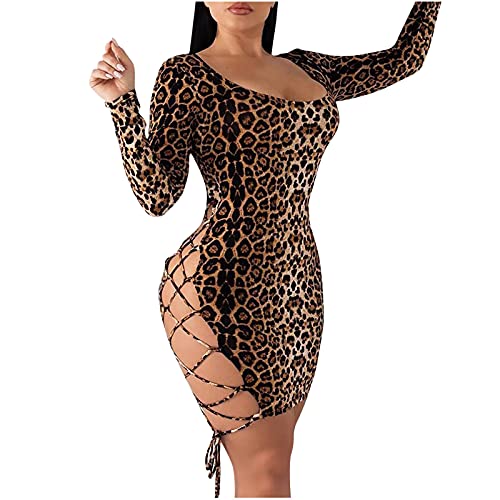 Masrin Etuikleid für Damen Sexy Bandage aushöhlen rückenfreies enges Kleid Kleid mit Schnürung und hohem Schlitz Modisches Clubkleid mit Leopardenmuster Figurbetontes Kleid mit Langen Ärmeln von Masrin