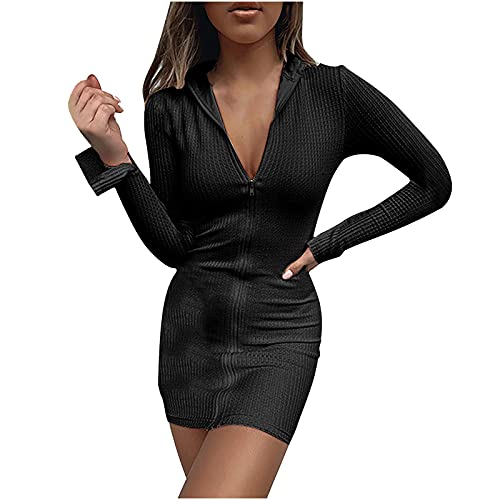 Masrin Etuikleid für Damen Sexy einfarbiges figurbetontes Kleid Enges Kleid mit Revers und Langen Ärmeln Cardigan-Kleid mit durchgehendem Reißverschluss Party Kleid Club-Kleid Minikleid von Masrin