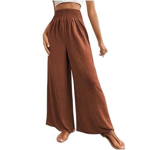 Masrin Freizeithose Damen Einfarbig Lange Hose mit Weitem Bein Baggy Gerade Hose Hohe Taille Palazzo Hose Elastische Taille Stoffhose Schlupfhose Chinohose Strandhose Sporthose Wanderhose Sommerhose von Masrin