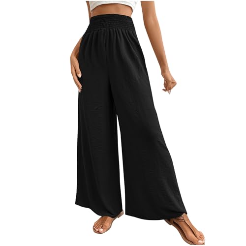 Masrin Freizeithose Damen Einfarbig Lange Hose mit Weitem Bein Baggy Gerade Hose Hohe Taille Palazzo Hose Elastische Taille Stoffhose Schlupfhose Chinohose Strandhose Sporthose Wanderhose Sommerhose von Masrin