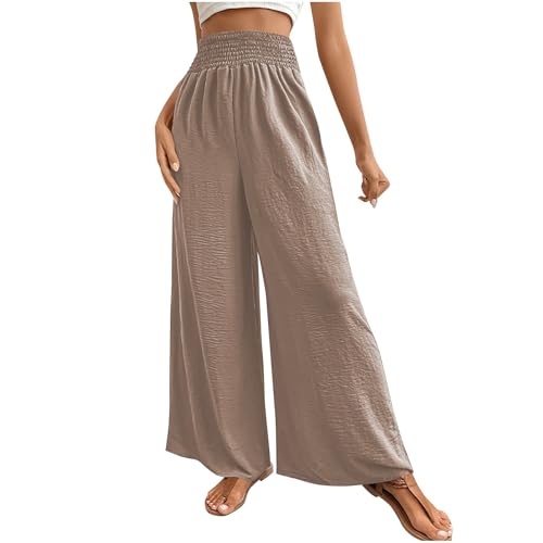 Masrin Freizeithose Damen Einfarbig Lange Hose mit Weitem Bein Baggy Gerade Hose Hohe Taille Palazzo Hose Elastische Taille Stoffhose Schlupfhose Chinohose Strandhose Sporthose Wanderhose Sommerhose von Masrin