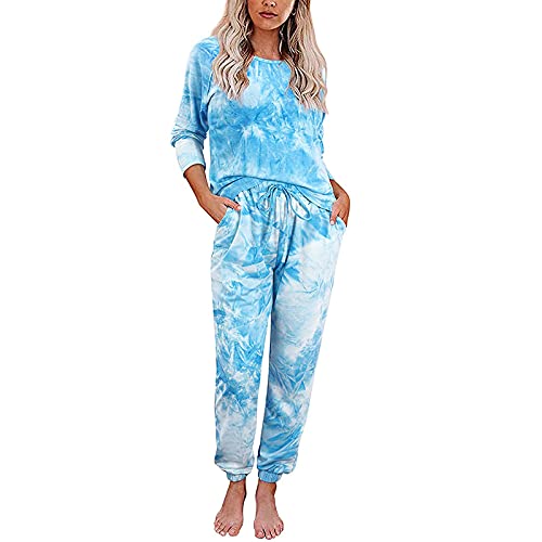 Masrin Heimanzug für Damen Lässiges Batik-Zweiteiler-Set mit Leopardenmuster O-Ausschnitt Langarm Pullover + Hose Split Pyjamas Sport-Fitness-Anzug(2XL,Blau) von Masrin