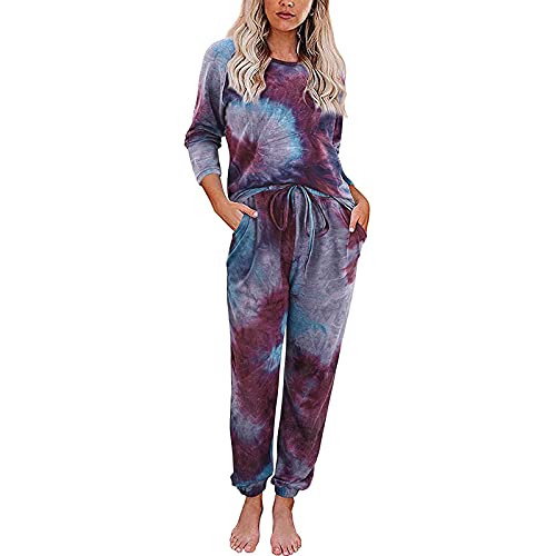 Masrin Heimanzug für Damen Lässiges Batik-Zweiteiler-Set mit Leopardenmuster O-Ausschnitt Langarm Pullover + Hose Split Pyjamas Sport-Fitness-Anzug(XL,Violett) von Masrin