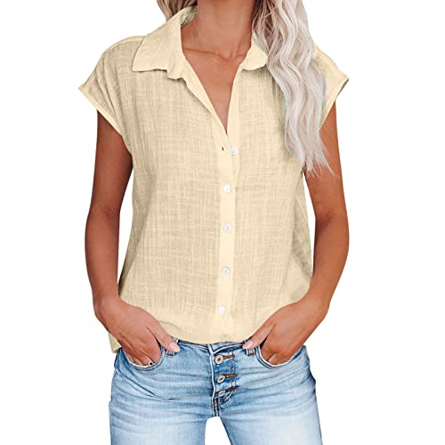 Masrin Hemden für Frauen Einfarbige Bluse aus Baumwoll Leinen Button Down Shirts Revers Kurzarm Sommershirt Freizeithemden Locker Urlaub Strandhemd Blusentops mit Knopfleiste Damenbluse Hemdblusen von Masrin