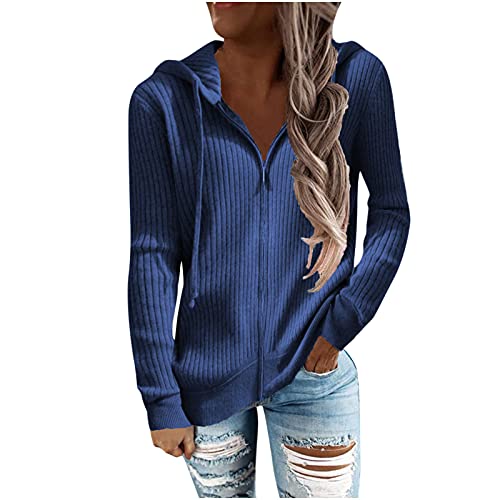 Masrin Hoodie Damen Einfarbiger Strickmantel Herbst Winter Leichte Jacke Gerippte Oberbekleidung mit Kapuze Langarm Sweatshirt mit Kordelzug Strickjacke mit Reißverschluss Sportbekleidung von Masrin