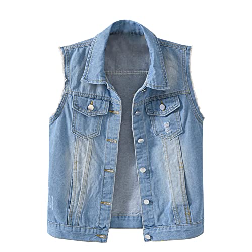 Masrin Jeansweste Damen Frühling Herbst Jeansjacke Einfarbiger Cropped Denim Mantel Ärmellose Umlegekragen Herbstjacke Kurze Motorradjacke Übergangsjacke Fahrradjacke Arbeitsjacke Biker Jacke von Masrin