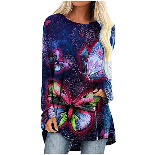 Masrin Lockerer Langer Pullover Damen Trendige Oberteile Buntes Schmetterling Druck Longshirt Große Größen Lose Longbluse Rundhals Langarmshirt Frühling Herbst Longtops Lässige Pulli Tops Streetwear von Masrin