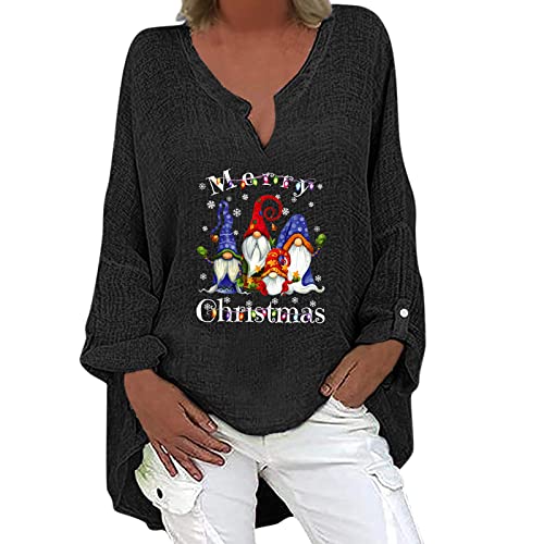 Masrin Oversize Pullover Damen Weihnachten Vintage Baumwoll Leinen Bluse Weihnachtszwerg Motiv Langarmshirt Große Größe Locker Longshirt Christmas Longbluse Lang Pulli Tops Jumper Longtops Streetwear von Masrin