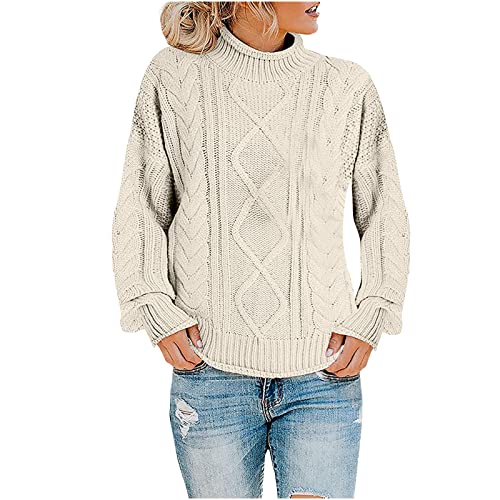 Masrin Pullover Damen Einfarbig Rollkragenpullover Zopfmuster Strickpullover Langarm Strickoberteile Herbst Winter Sweater Sweatshirt Elastisch locker Strickpulli Warm Gestrickter Jumper Tops von Masrin