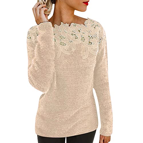 Masrin Pullover Damen Lässiger einfarbiger Strickpullover Pulli Tops mit floraler Spitze Naht Langärmlige Strickoberteile mit Schrägausschnitt Herbst Winter warmes Sweatshirt Basic Shirt Sweater Masrin Pullover Damen Lässiger einfarbiger Strickpullover Pulli Tops mit floraler Spitze Naht Langärmlige Strickoberteile mit Schrägausschnitt Herbst Winter warmes Sweatshirt Basic Shirt Sweater von Masrin