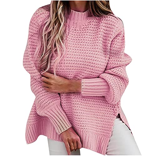 Masrin Pullover Damen Lässiger einfarbiger Strickpullover mit Streifen Herbst Winter warmes Sweatshirt Langärmlige Tunika Oberteile mit O Ausschnitt und Schlitz Lockere Bequeme Bluse Langarmshirts von Masrin